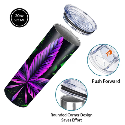 20oz Black Tumbler with Purple Leaf Graphic, Clear Lid and Metal Straw, 7.2 x 17.5 cm Pictured Size