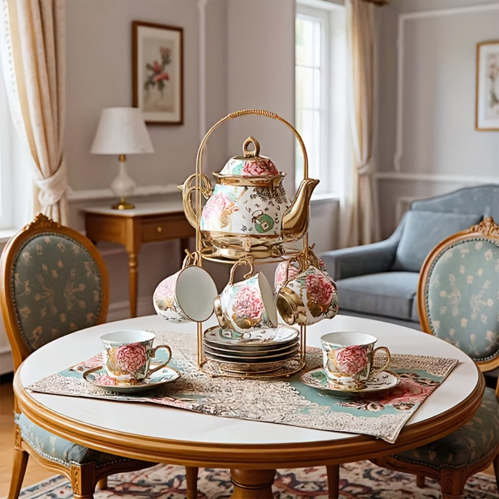 Twenty-Piece Floral Ceramic Tea Set with 15-Ounce Teapot, Six Cups, Saucers, Spoons and Gold Rack