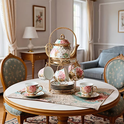 Twenty-Piece Floral Ceramic Tea Set with 15-Ounce Teapot, Six Cups, Saucers, Spoons and Gold Rack