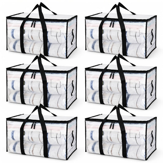 Heavy-Duty Moving Bags Set of 6 – Oversized Storage Totes with Reinforced Handles & Snap-Close Lid, Space Saver Bags for Clothes, Quilts & Moving Supplies, Transparent