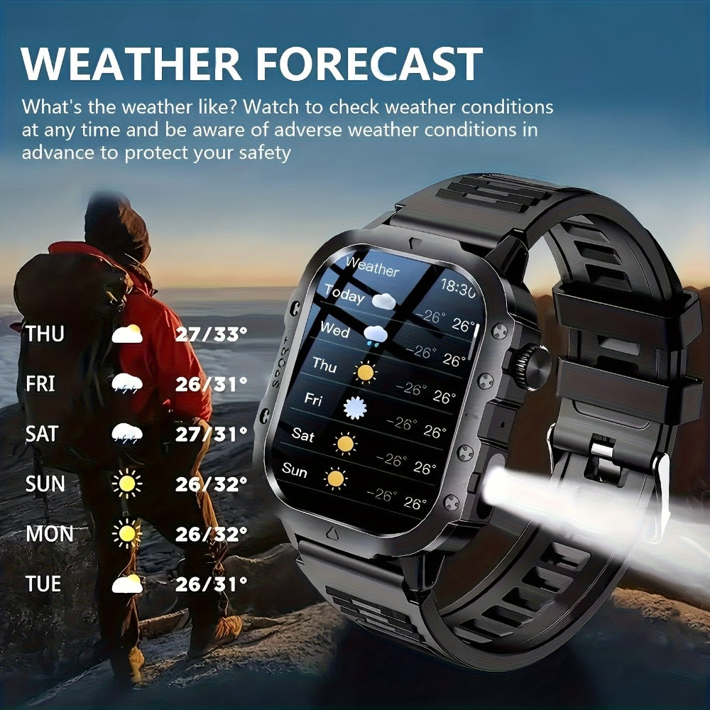 LED Flashlight Outdoor Smartwatch 2.01" Large Screen – Multi-Sport Modes, Long Battery Life, Message Alerts, Fitness Tracker – Rugged Adventure Watch Black Brown Android & iPhone