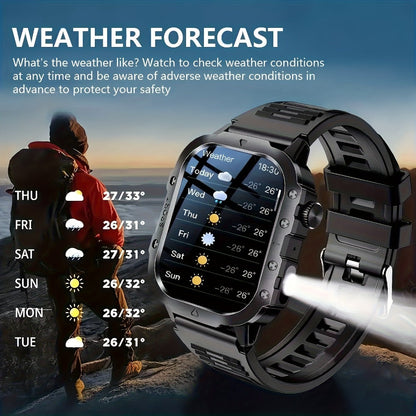 LED Flashlight Outdoor Smartwatch 2.01" Large Screen – Multi-Sport Modes, Long Battery Life, Message Alerts, Fitness Tracker – Rugged Adventure Watch Black Brown Android & iPhone