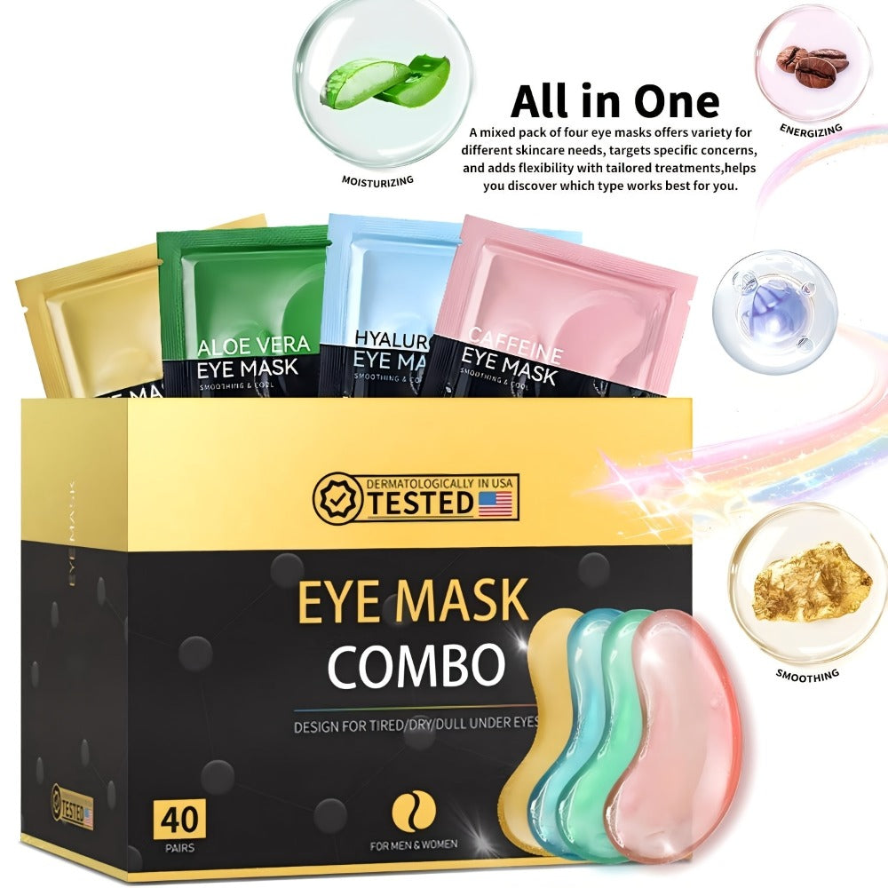 40-Pair Four-Color Under-Eye Patch Combo Box with Gold, Green, Blue and Pink Individual Pouches