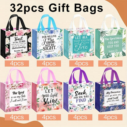 Bible Verse Tote Bags Bulk 32 Pcs Floral Religious Gift Bags with Handles Reusable Non-Woven Inspirational Bags for Christian Baptism Wedding Birthday Church Women Girls Party Favor Bags