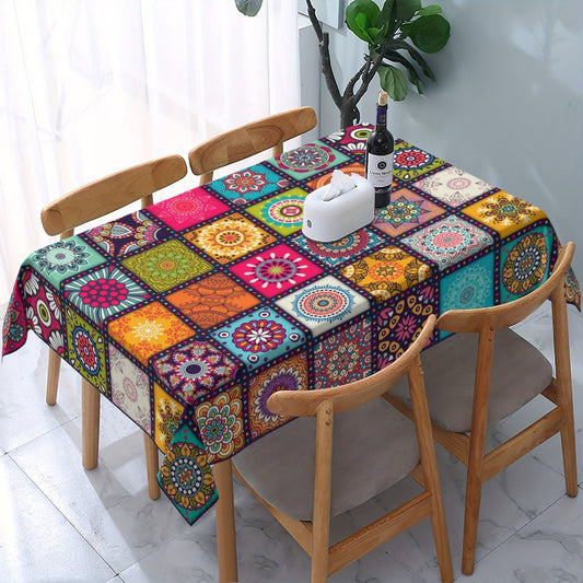 Tablecloth with Colorful Patchwork Mandala Print in Round, Square and Rectangle Size Options