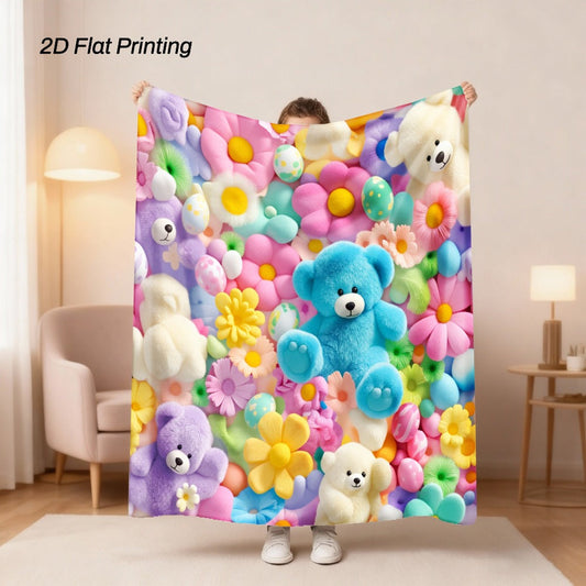 Bear Print Flannel Throw Blanket - Cute Soft Plush 2D Flat Printed Cozy Bedspread for Sofa Bed Camping Travel, Adorable Animal Pattern Gift Blanket Multi-Color