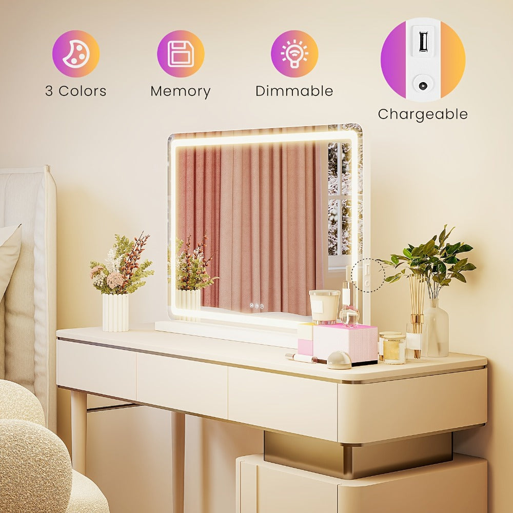 Rectangular LED Vanity Mirror with Three Light Colors and Three Size Checkouts from 13 x 17 to 32 x 22 Inches