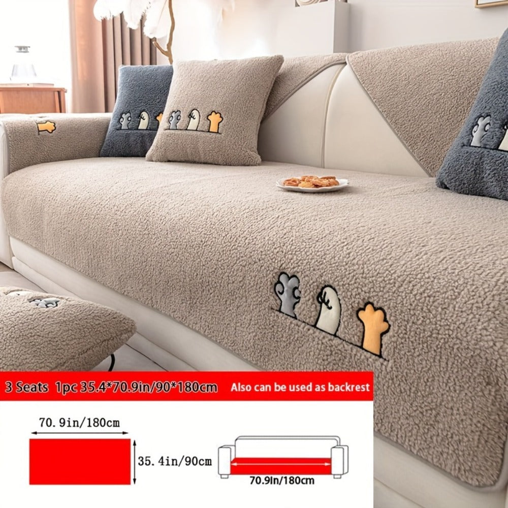 Sofa Cover Thick Plush Shearling Panels with Animal and Bone Embroidery and Non-Slip Feature for 2 to 4 Seats