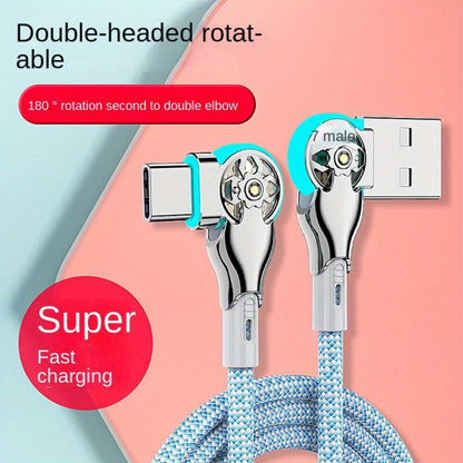 Double-Elbow USB-C to USB-C Cable with Rotating Right-Angle Connectors, Blue LED Accents and 2 m Length