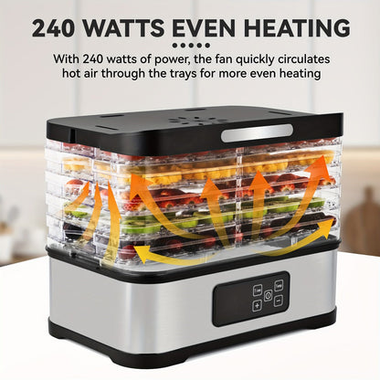 Five-Tray Stackable Food Dehydrator with 240W Heating, 95–158°F Control and Silver or Green Options