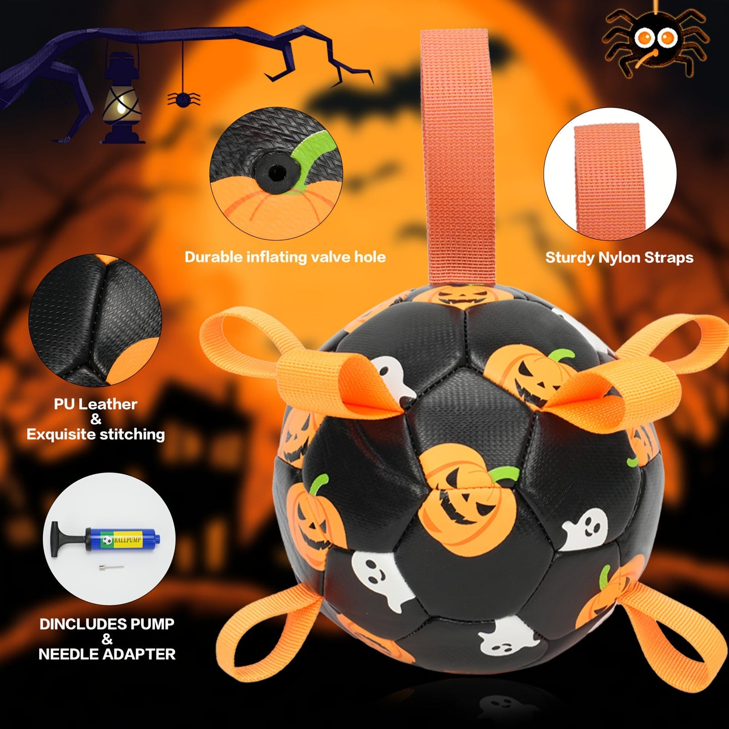 Dog Toy Halloween Pumpkin-Ghost Football with Pump, Strap and 6 or 7.28-Inch Size Options for Dogs