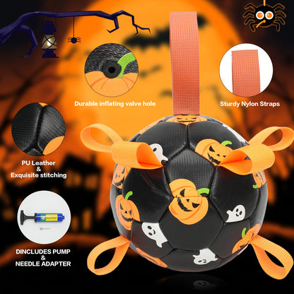 Dog Toy Halloween Pumpkin-Ghost Football with Pump, Strap and 6 or 7.28-Inch Size Options for Dogs