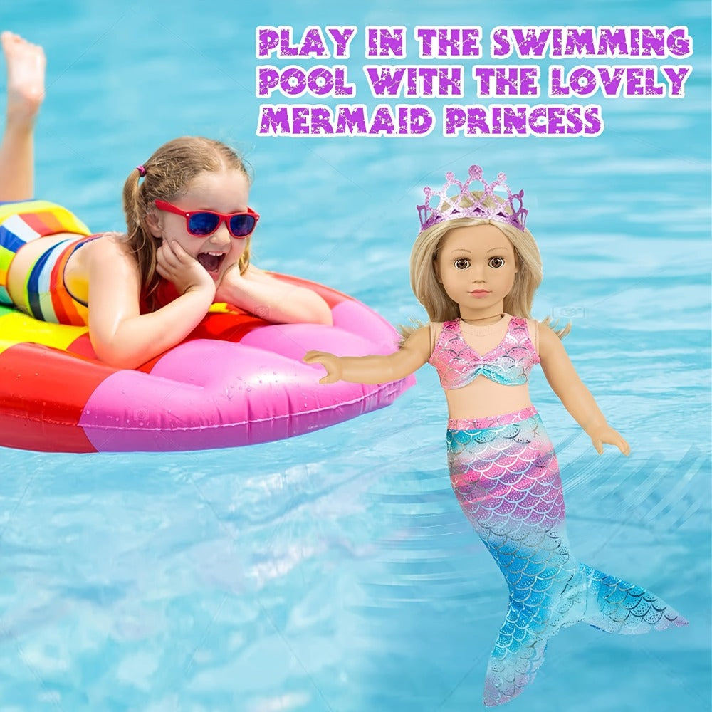 Twenty-Piece Mermaid Travel Accessory Set for 18-Inch Dolls with Purple Suitcase, Skirts and Crown