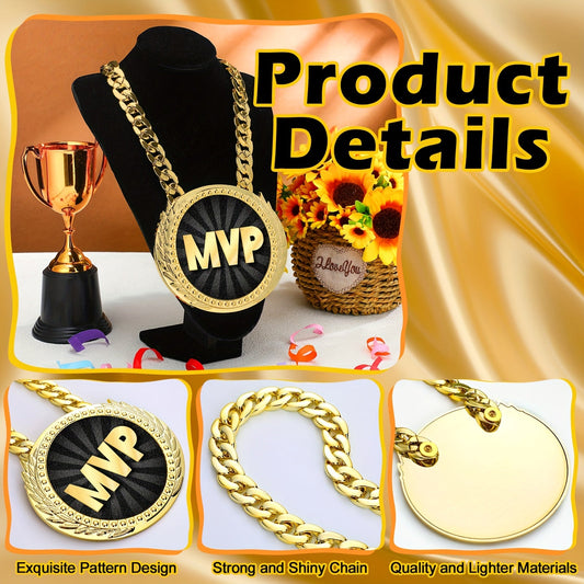 MVP Championship Turnover Chain Medal – 6 Inch Big Golden Champ Award Necklace for Baseball Basketball Football Soccer Softball Volleyball Sports Competitions, Party Favors & Prize Gifts