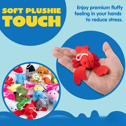 Twenty-Four Mini Sea-Animal Plush Keychains in Assorted Fish, Shark, Whale and Crab Designs