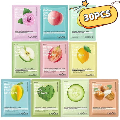 Thirty-Piece SADOER Sheet Mask Assortment with Individually Packed Fruit and Rose Pouch Labels