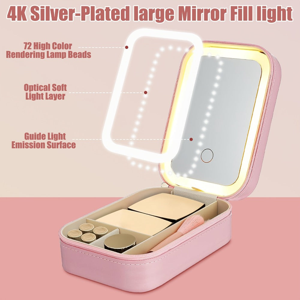 Lighted Makeup Mirror with Travel Case Cosmetic Organizer 3-Color LED Light 1200mAh Rechargeable Portable Vanity Mirror Adjustable Brightness for Women Gift Birthday Christmas