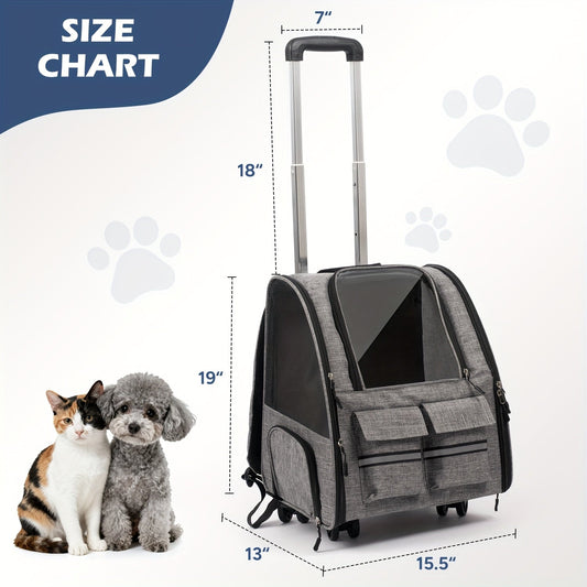 Rolling Pet Carrier with Wheels | 2-in-1 Trolley Cat Carrier Bag, Airline Approved, Telescopic Handle, Detachable Soft-Sided Travel Bag with Shoulder Strap, Zipper Closure & Safety Leash for Cats Dogs
