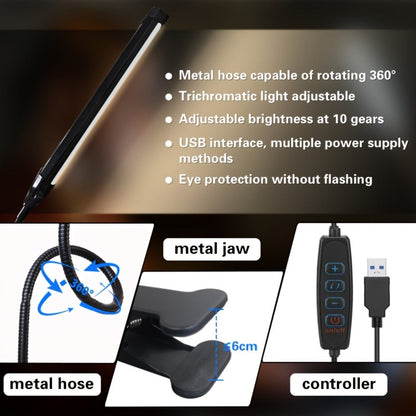 Clip-On LED Desk Lamp with 38cm Light Bar, 40cm Gooseneck, USB Inline Controller and Three Light Colors