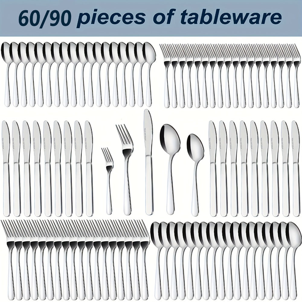 Stainless Steel Silverware Set 60 or 90 Piece with Gift Box – Service for 12 or 18, Includes Steak Knives, Salad Forks & Dessert Spoons, Dishwasher Safe Cutlery for Home, Wedding & Outdoor