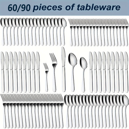 Stainless Steel Silverware Set 60 or 90 Piece with Gift Box – Service for 12 or 18, Includes Steak Knives, Salad Forks & Dessert Spoons, Dishwasher Safe Cutlery for Home, Wedding & Outdoor