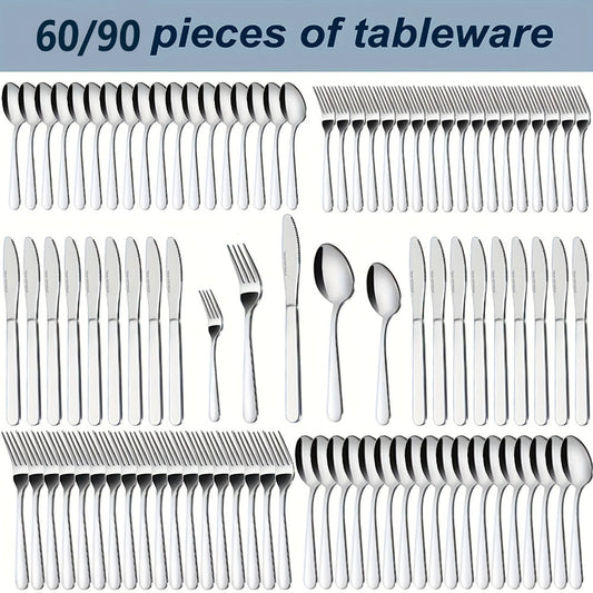 Stainless Steel Silverware Set 60 or 90 Piece with Gift Box – Service for 12 or 18, Includes Steak Knives, Salad Forks & Dessert Spoons, Dishwasher Safe Cutlery for Home, Wedding & Outdoor