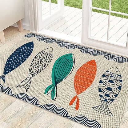 Colorful Fish Door Mat with Wave-Border Print, Flannel-Described Surface and 40 x 60cm or 50 x 80cm Sizes