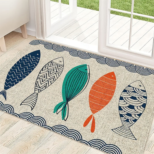 Washable Fish Pattern Door Mat Flannel Non-Slip Rug for Front Door Bedroom Farmhouse Laundry Room