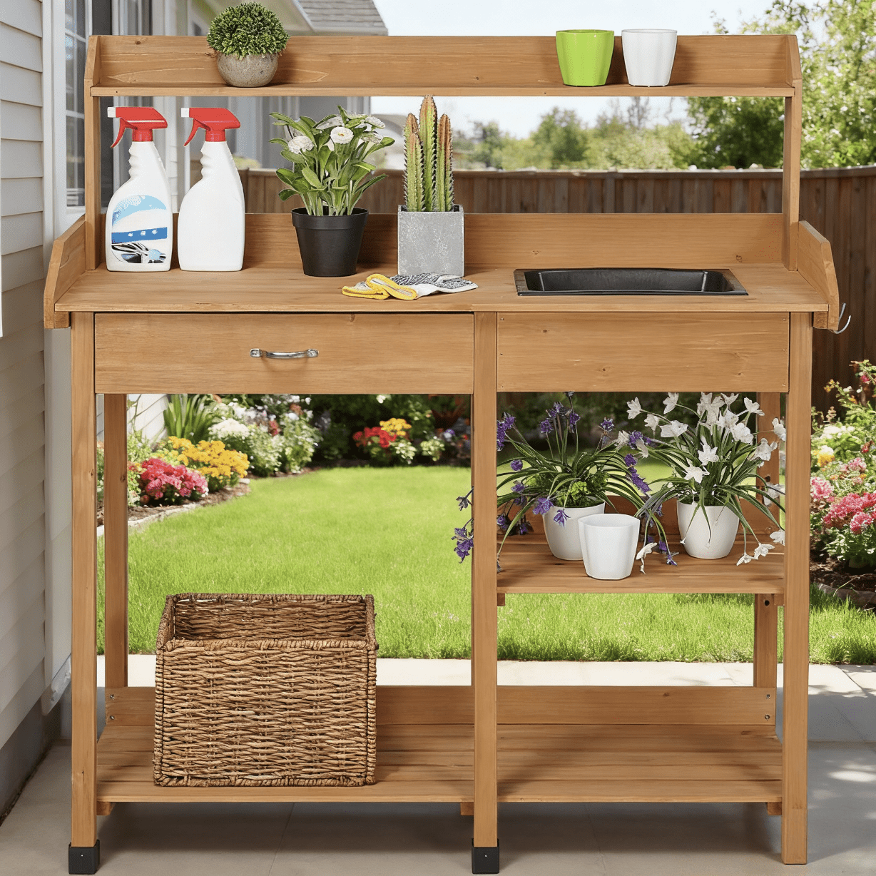 Four-Tier Garden Potting Bench with Removable Sink, Drawer, Adjustable Shelf and Three Side Hooks