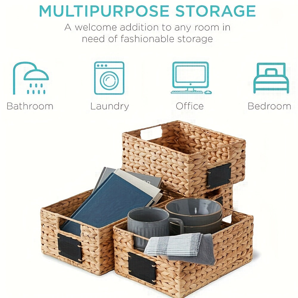 Pantry Baskets with Chalkboard Labels - Natural Water Hyacinth Woven Storage Bins 9"x12"x5", Kitchen Shelf Organizers, Available in 1, 2 & 4 Pack