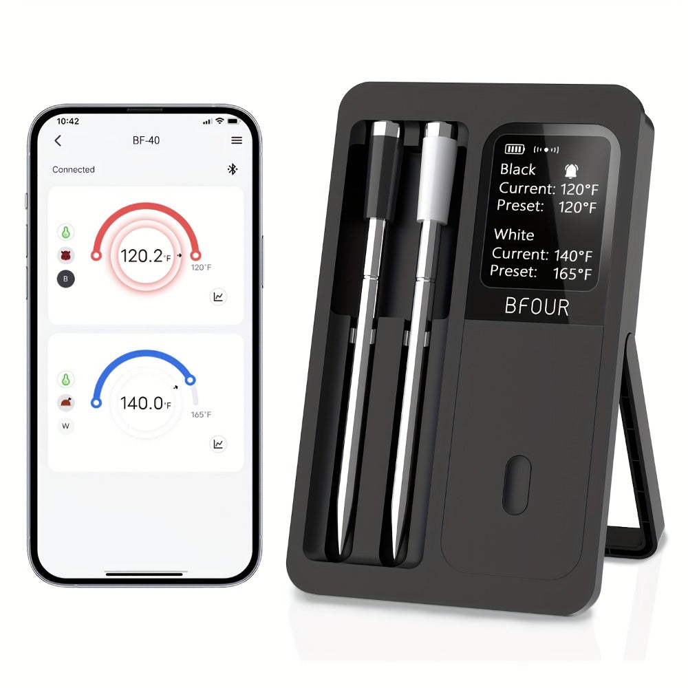 BFOUR BF-40 Wireless Cooking Thermometer with Dual Probes, App Display, Base Screen and USB Charging