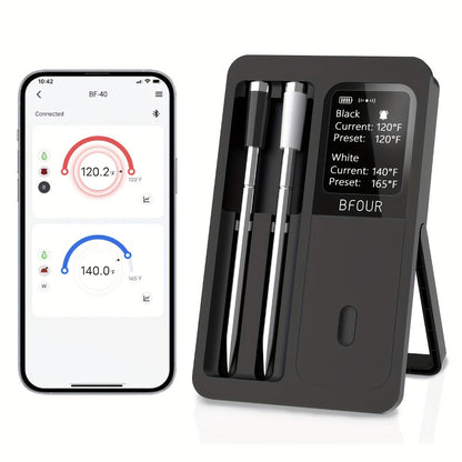 BFOUR BF-40 Wireless Cooking Thermometer with Dual Probes, App Display, Base Screen and USB Charging