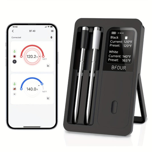Wireless Meat Thermometer with Dual Probes USB Rechargeable | 2-Probe Digital BBQ Thermometer for Smoker Oven Grill Kitchen | 304 Stainless Steel Food Safe | iOS & Android App Compatible