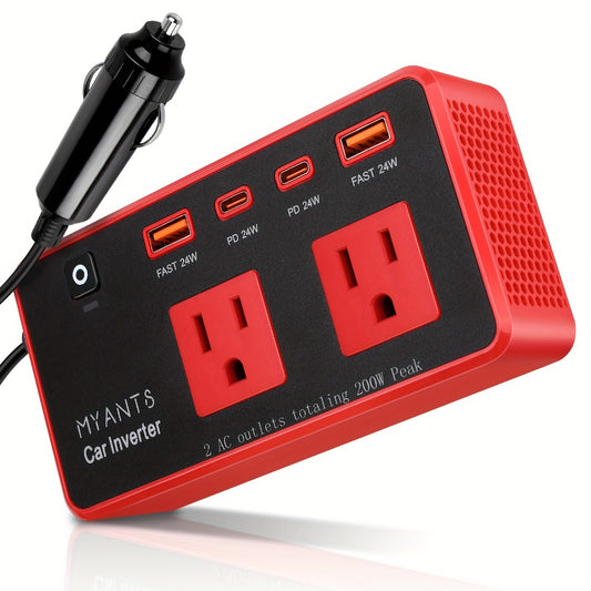 Car Power Inverter 200W - 12V DC to 110V AC, 4 USB Ports (PD & QC 3.0), Fast Charging Car Outlet Adapter for Road Trips, Camping & Vehicle Use