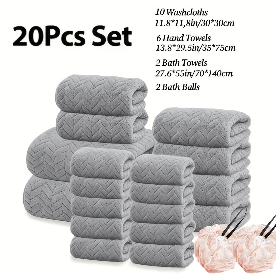 Bath Towels Set 18 or 20 Piece Coral Fleece Mix with Washcloths and Bath Ball in Multiple Colors