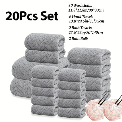 Bath Towels Set 18 or 20 Piece Coral Fleece Mix with Washcloths and Bath Ball in Multiple Colors