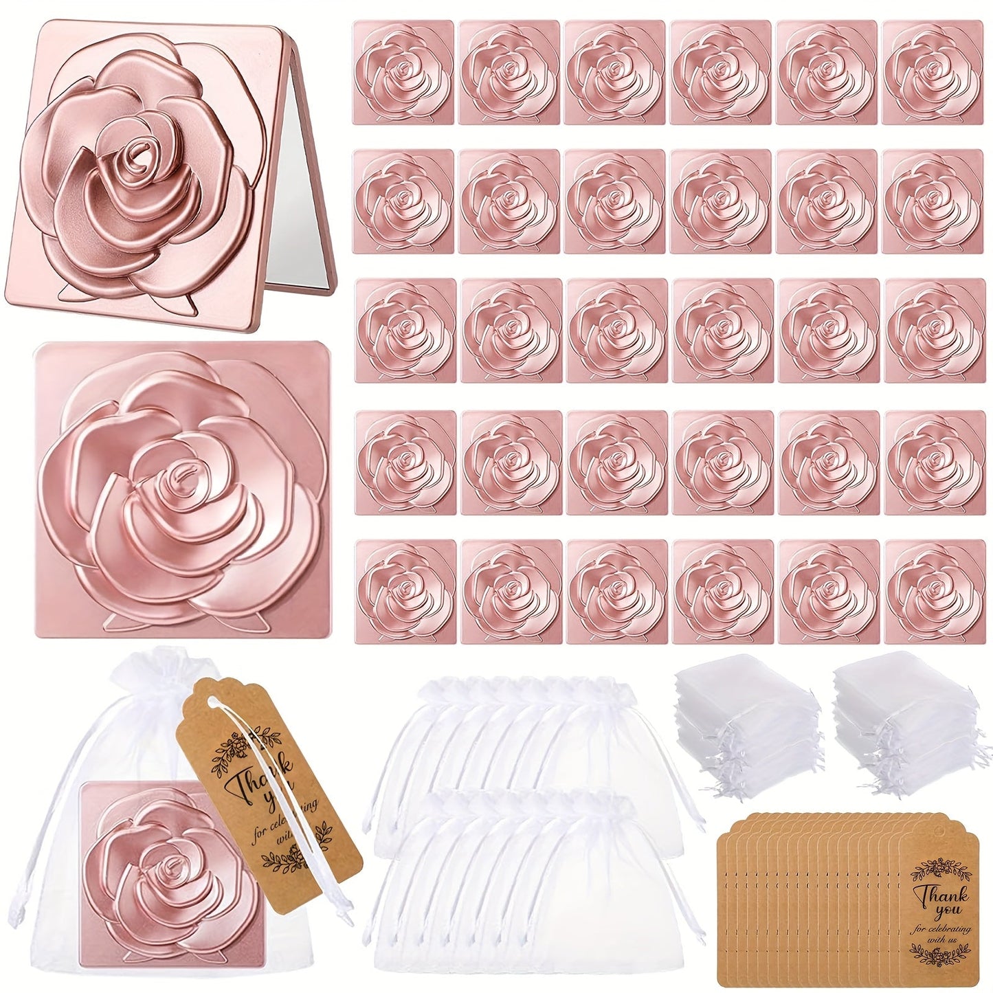 30-Set Rose-Shaped Compact Mirror Favors with Thank-You Tags, Organza Bags and 2.75-Inch Folding Cases
