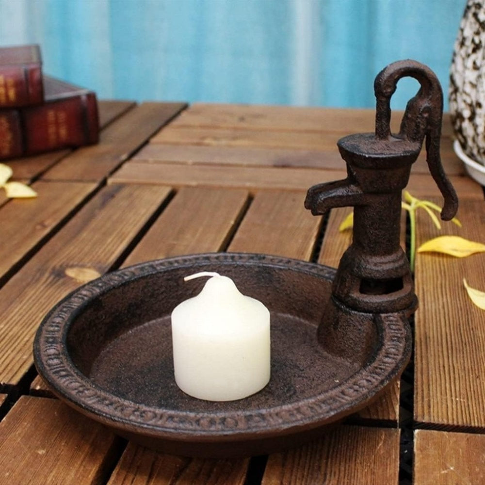 Rust-Tone Cast Iron Hand Pump Decorative Tray with 8.27-Inch Basin for Patio and Tabletop Display