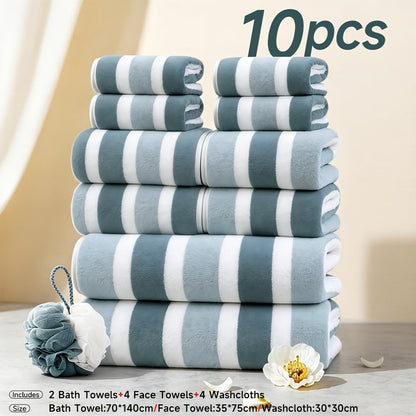 Towel Set 1, 3 or 10 Piece Polyester Striped Options with Bath, Face and Hand Towels for Home and Guest Use