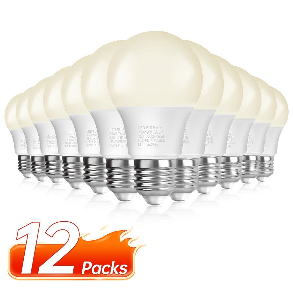 A19 LED Light Bulbs, 9W E26 12-Pack with 800-Lumen Marking in 2700K, 3000K, 4000K or 5000K