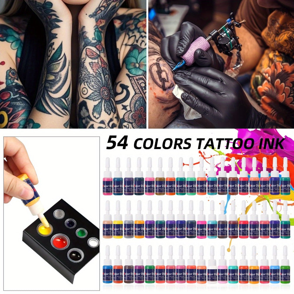 54 Color Tattoo Ink Set Professional - Complete Permanent Tattoo Ink Kit Full Spectrum Vibrant Pigments, Long-Lasting Fade-Resistant Formula, for Rotary Coil & Pen Tattoo Machine, Artists & Beginners