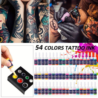 54 Color Tattoo Ink Set Professional - Complete Permanent Tattoo Ink Kit Full Spectrum Vibrant Pigments, Long-Lasting Fade-Resistant Formula, for Rotary Coil & Pen Tattoo Machine, Artists & Beginners