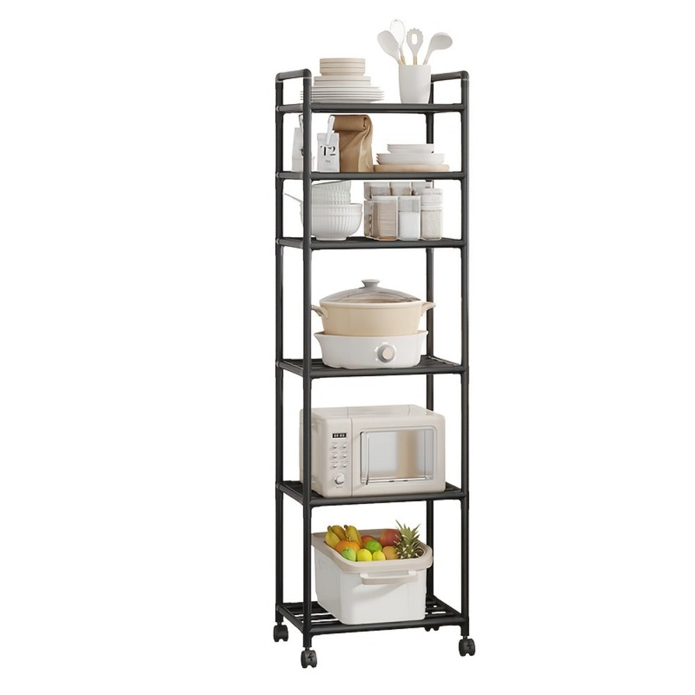 Six-Tier Narrow Metal Storage Shelf with Leveling Feet in Black or White for Kitchens and Pantries