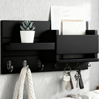 Wall Mounted Storage Rack with Mail Slot – Rustic Wood Floating Shelf with Hooks for Keys, Hats & Envelopes, Decorative Organizer for Entryway, Porch, Bedroom, Bathroom & Living Room