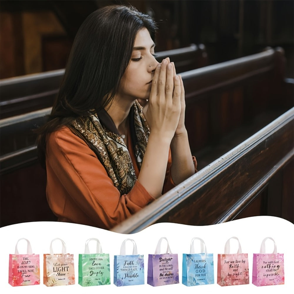 Gift Bag Set Bible Verse Floral Prints, 32 or 64 Non-Woven Handle Bags in Eight Designs, 8.7 x 9 x 4.3 Inch Size