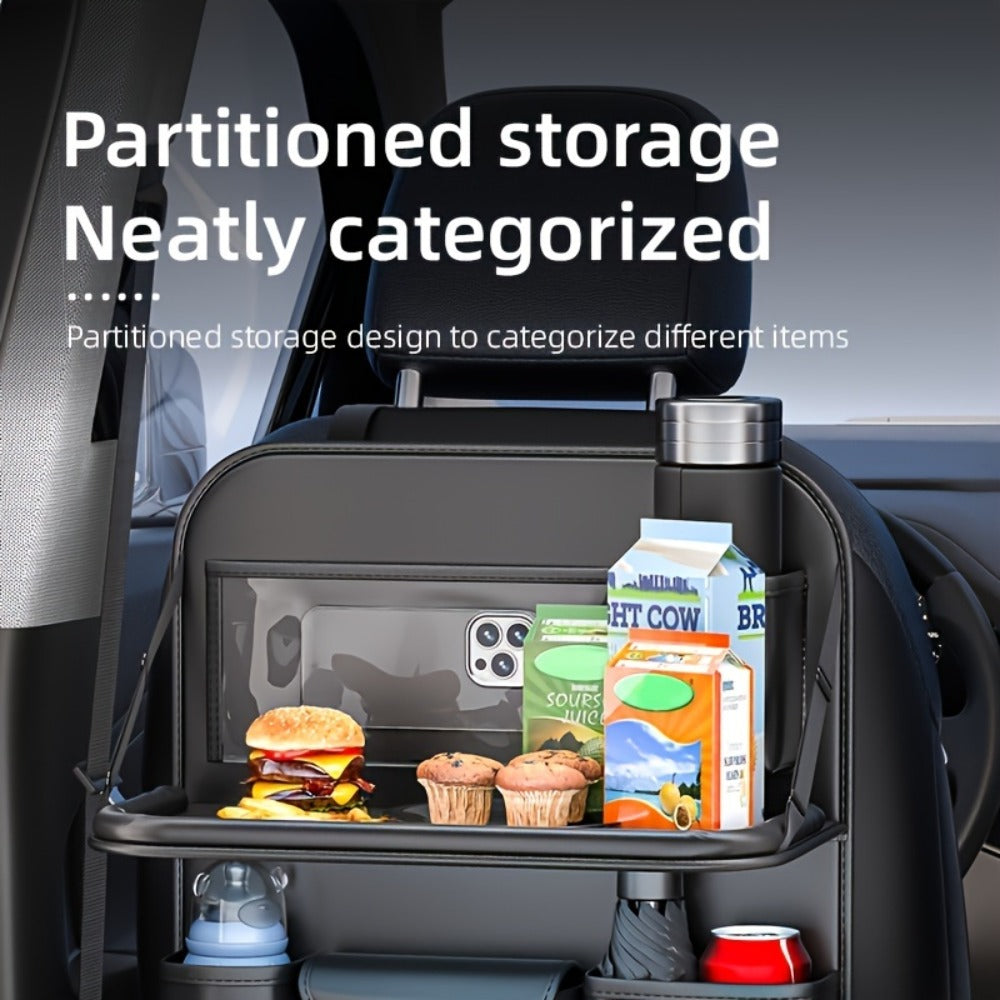 Car Seat Back Organizer PU Leather - Foldable Dining Table, Cup Holder, Multi-Pocket Storage Bag, Universal Fit Back Seat Travel Organizer for Kids & Passengers, 1pc or 2pc Set