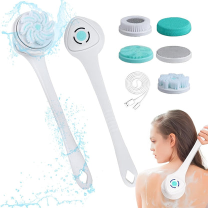 Electric Body Scrubber 6-in-1 Rechargeable Shower Brush - Vibrating Exfoliating Brush with Long Handle, 6 Brush Heads for Deep Cleansing, Back Scrubber, Pore Cleansing, Spa Gift for Women & Men
