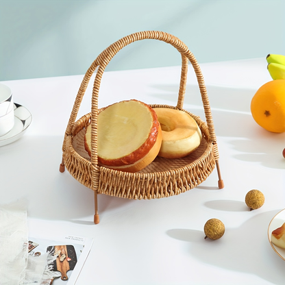 Wire Frame Storage Basket - Hand-Woven Imitation Rattan with Solid Iron Structure, Open-Top Organizer Bin for Fruits Shelf Kitchen Gifts, Rustic Farmhouse Style