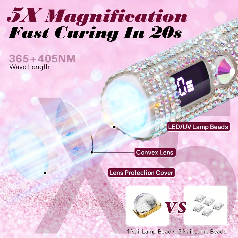 Portable LED Nail Lamp Rhinestone Design USB Rechargeable 365+405nm Quick Dry Gel Curer 20s 60s Timer LCD Display Wireless Nail Dryer for Hands Feet Home Travel Gift Women