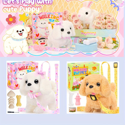 Plush Toy – White Electronic Puppy with Walking, Barking, Tail-Wagging Action, Leash and Bow